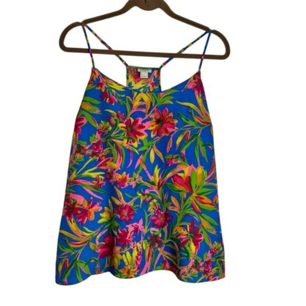 💐J Crew Women's Floral Blue Spaghetti Strap Tank Top Medium